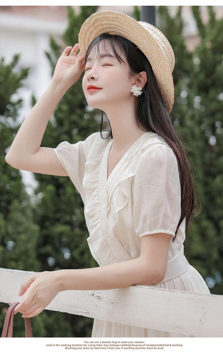 TOBE1SHOP Mùa hè ngắn tay áo v cổ đầm phụ nữ mùa hè ăn mặc 2023 Pháp hiển thị gầy eo đầm dài
