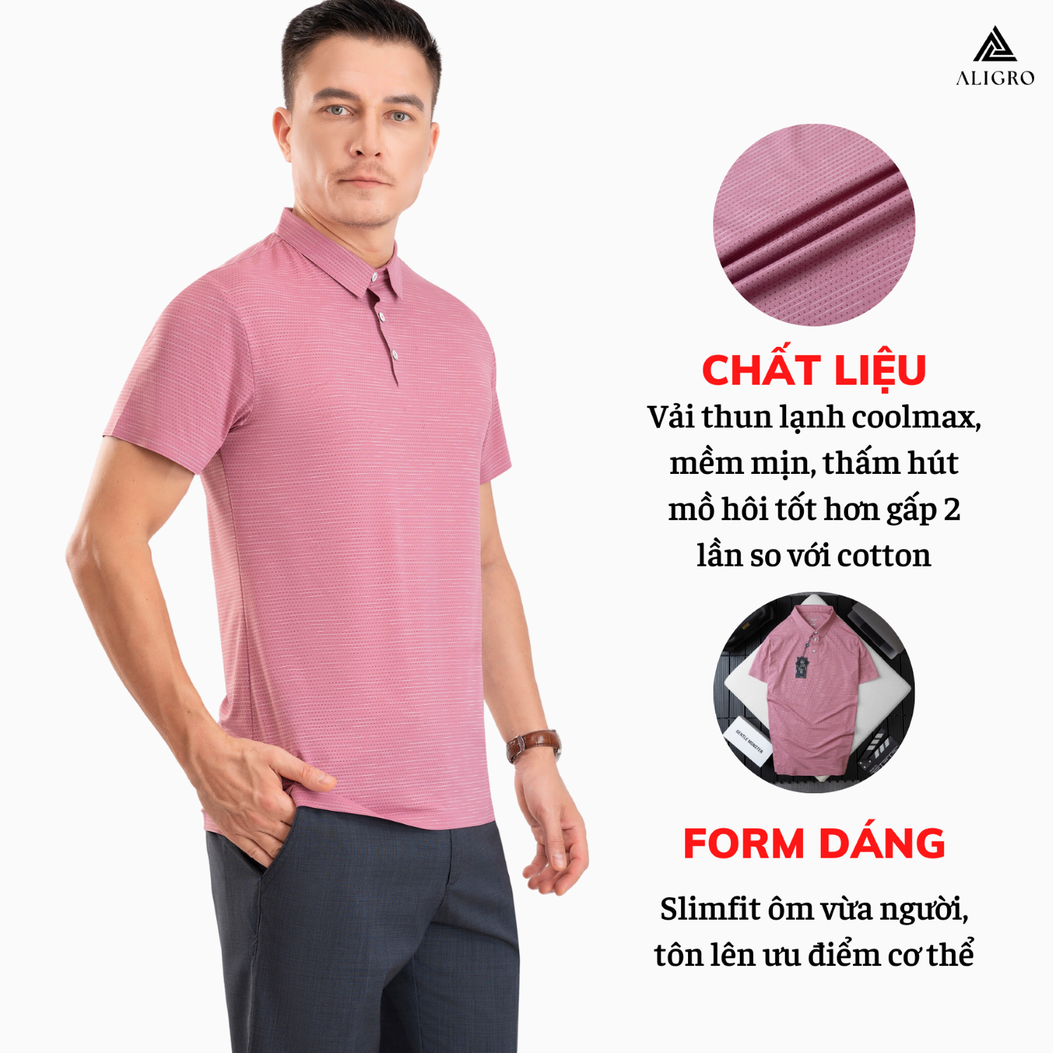 Áo polo golf nam ngắn tay ALIGRO chất vải coolmax kẻ ngang màu vỏ đỗ năng động ALGPLO115