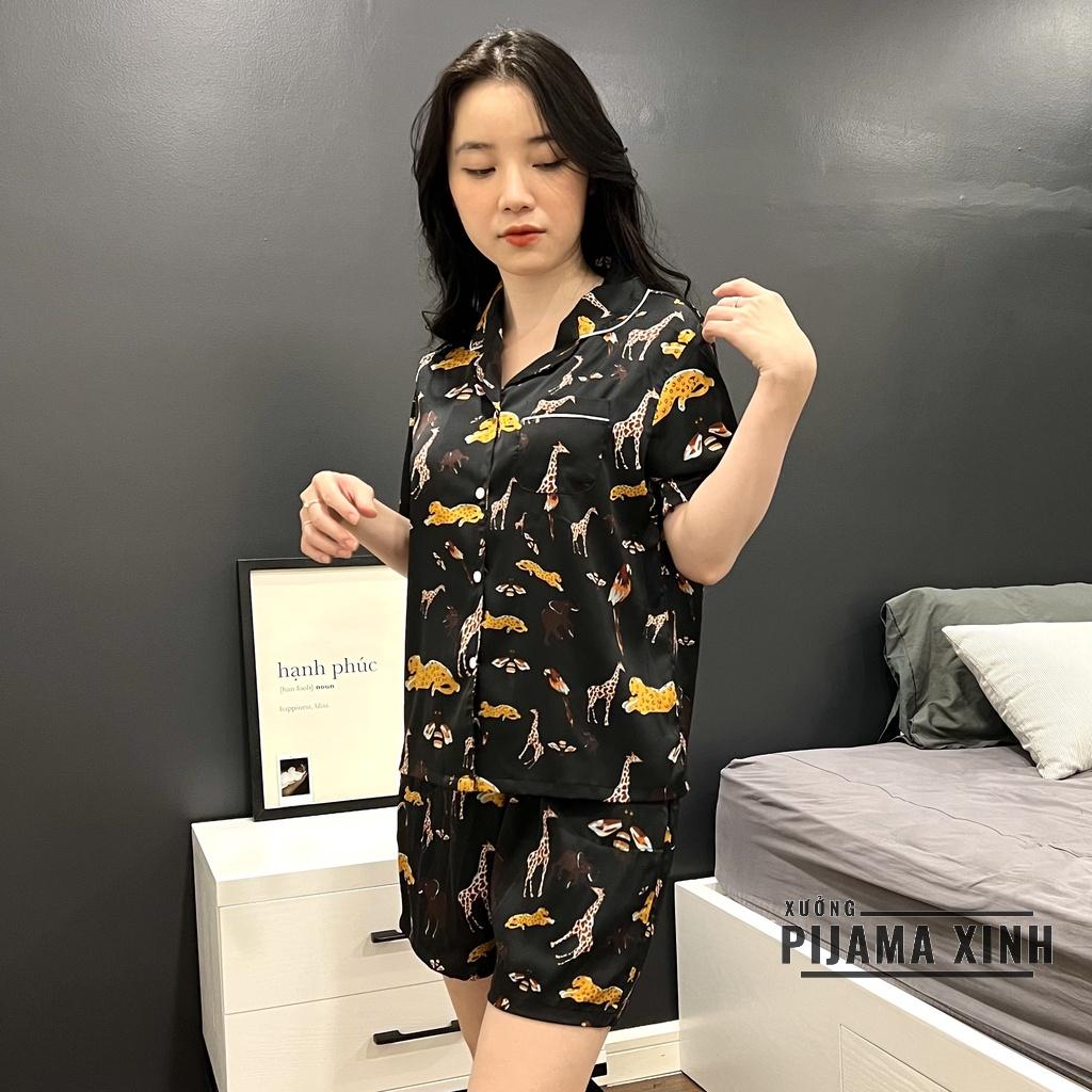 Đồ bộ pijama lụa ngủ mặc nhà quần đùi họa tiết động vật cute dễ thương chất liệu latin cao cấp