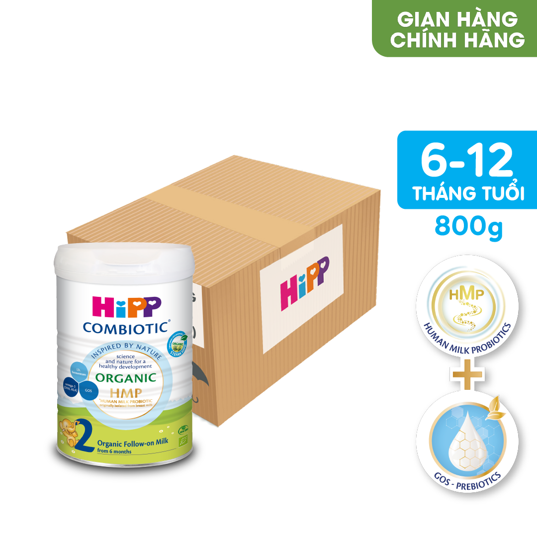 Thùng 6 lon sữa bột dinh dưỡng công thức HiPP 2 Organic Combiotic chất lượng hữu cơ tự nhiên an toàn, bổ sung Omega 3 (DHA &amp; ALA) dành cho trẻ từ 6 đến 12 tháng tuổi (6 lon x 800g)