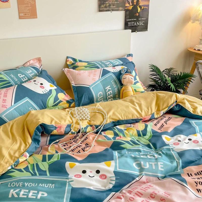 Bộ chăn ga gối cotton poly - Mẫu mèo xanh cute