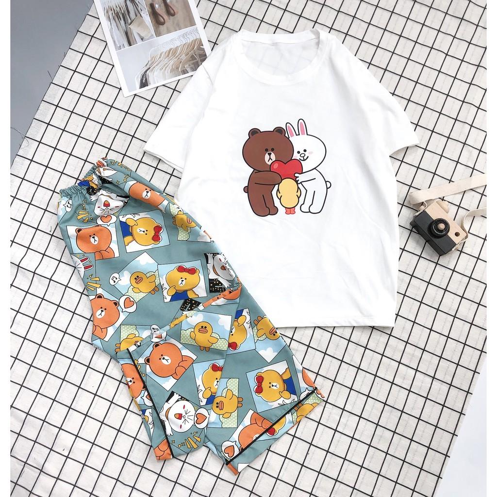 Set bộ ngủ áo thun cotton quần lửng siêu dễ thương.