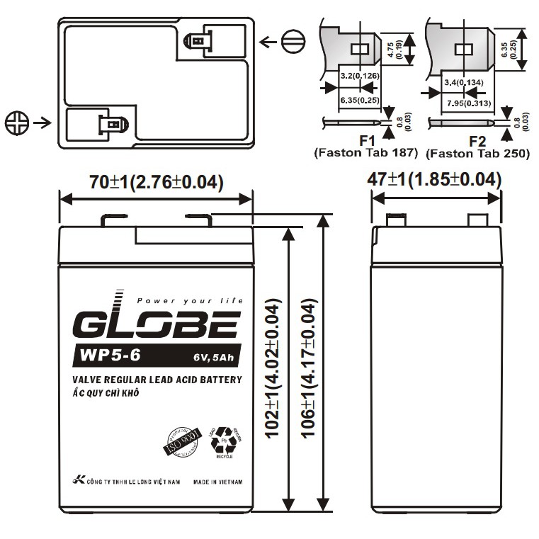 ẮC QUY KÍN KHÍ (VRLA AGM) GLOBE 6V 5AH WP5-6 - (PDC-TECH)