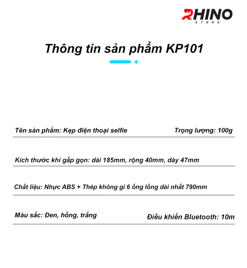 Gậy chụp ảnh cầm tay, kệ đỡ điện thoại 3 chân Rhino KP101 kèm bóng đèn LED với 6 thanh inox dài - Hàng chính hãng