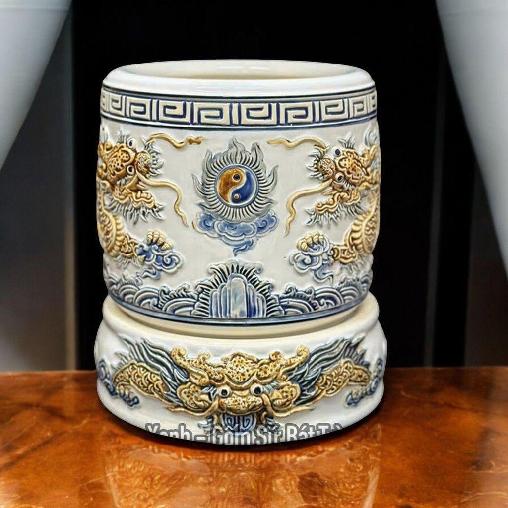 Bát Hương Gốm Sứ Bát Tràng RỒNG VIỆT, Lư Hương Thờ Cúng Cao Cấp Đắp Nổi Rồng Phượng Men Trắng
