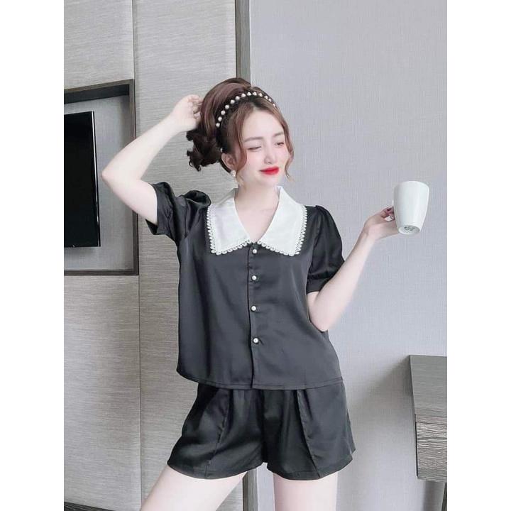 Đồ Bộ Mặc Nhà Lụa LaTin Cao Cấp Mùa hè, Lụa Pyjama cổ sen ngắn