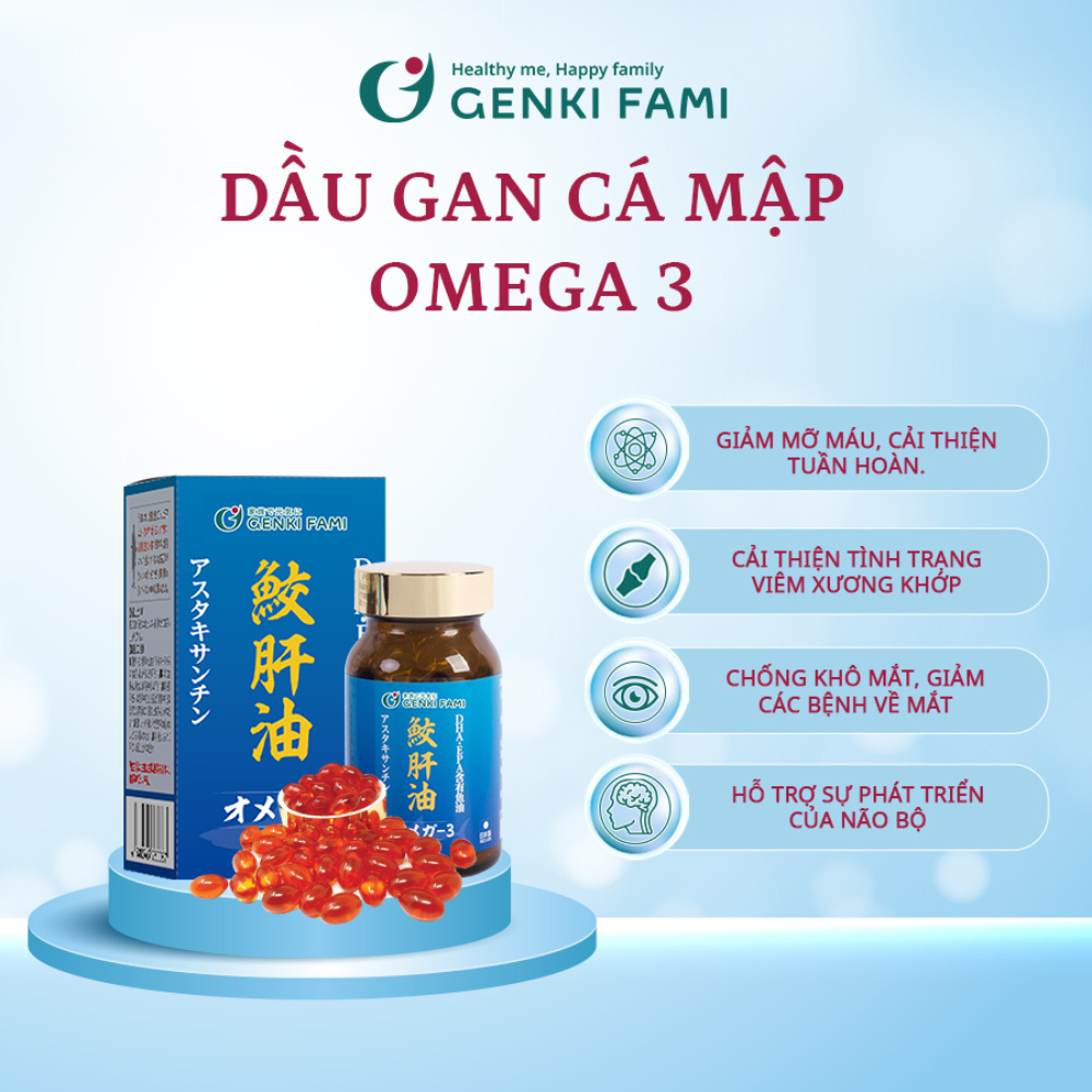 Dầu Gan Cá Mập Omega 3 Astaxanthin Genki Fami Nhật Bản, Bổ Mắt, Bổ Não Tốt Cho Tim Mạch Hộp 90 viên