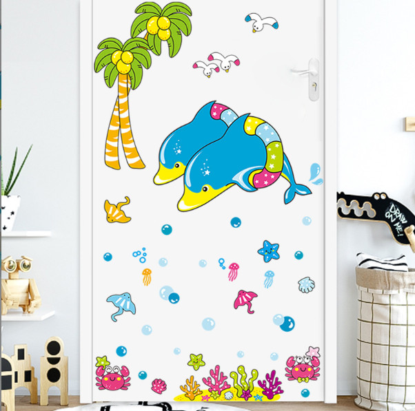 Decal trang trí tường - 2 chú cá heo xanh