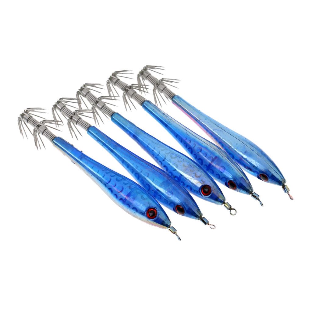 5pcs Glow in Dark Fishing Lures Squid Catch Bait Jigs Hook 9.5cm Light Blue
