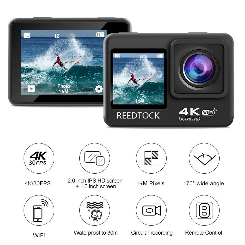 Camera hành động WiFi 4K 30fps Màn hình kép 170 ° góc 4 x Zoom 30m Máy ảnh thể thao chống thấm nước với điều khiển từ xa
