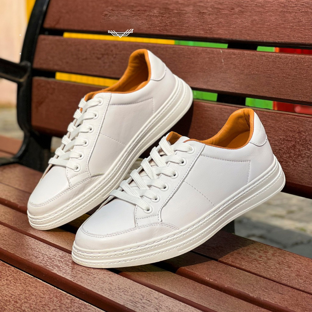 Giày Thể Thao White Sneaker da bò thật, đế khâu cao 3,5cm, dễ phối đồ - BH 1 năm