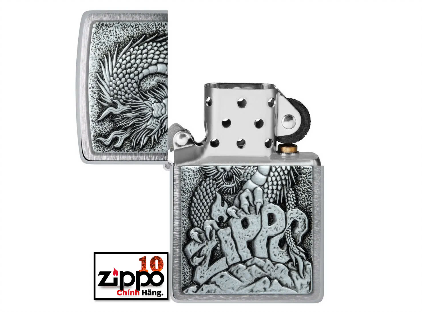 Bật lửa Zippo 48902 Zippo Dragon Emblem Design Brushed Chrome - Chính hãng 100%