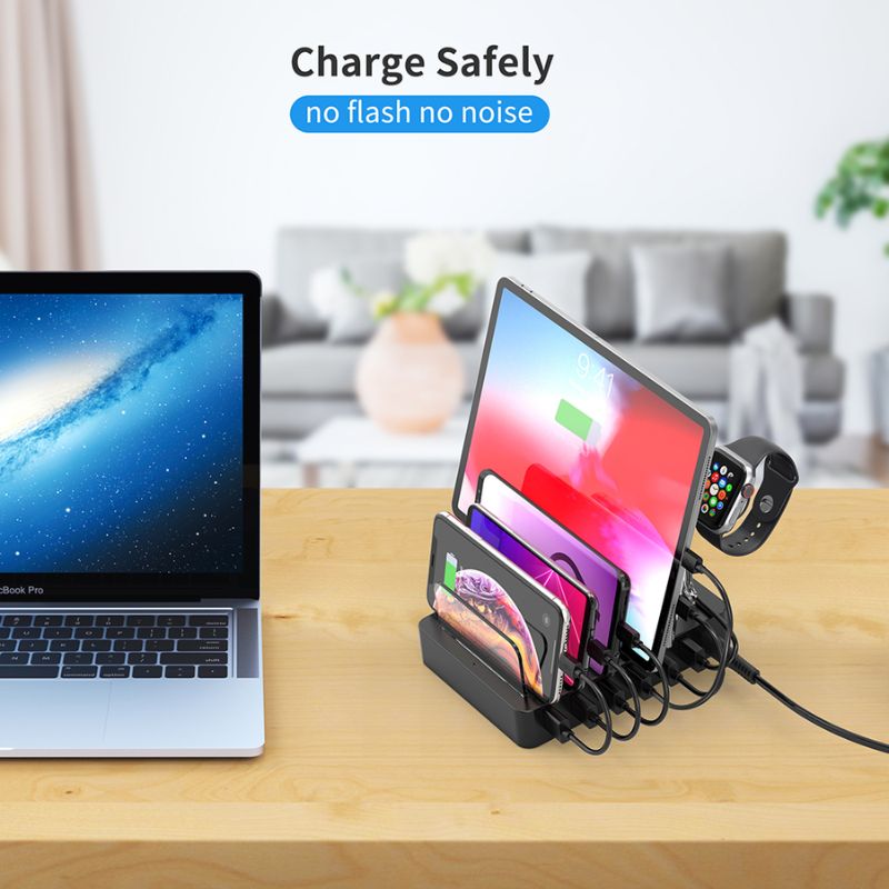 Dock sạc 6 cổng USB tích hợp giá đỡ công suất 68W Choetech Q3008 (Hàng chính hãng)