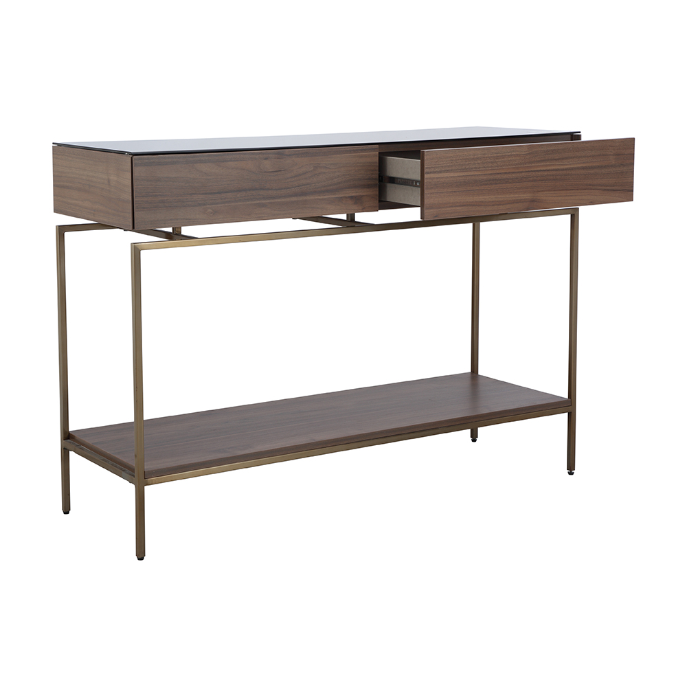 Bàn console trang trí JEAGER chân kim loại bền chắc, khung gỗ kèm kệ lửng và ngăn kéo kết hợp mặt kính cường lực cao cấp | Index Living Mall - Phân phối độc quyền tại Việt Nam