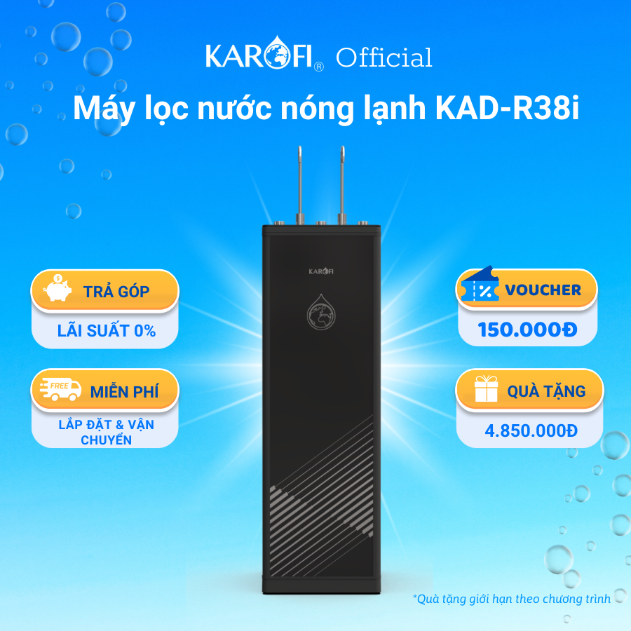 Máy lọc nước nóng lạnh 2 vòi 3 chế độ 10 lõi công nghệ Block Karofi KAD-R38i - Lắp đặt toàn quốc - Hàng chính hãng