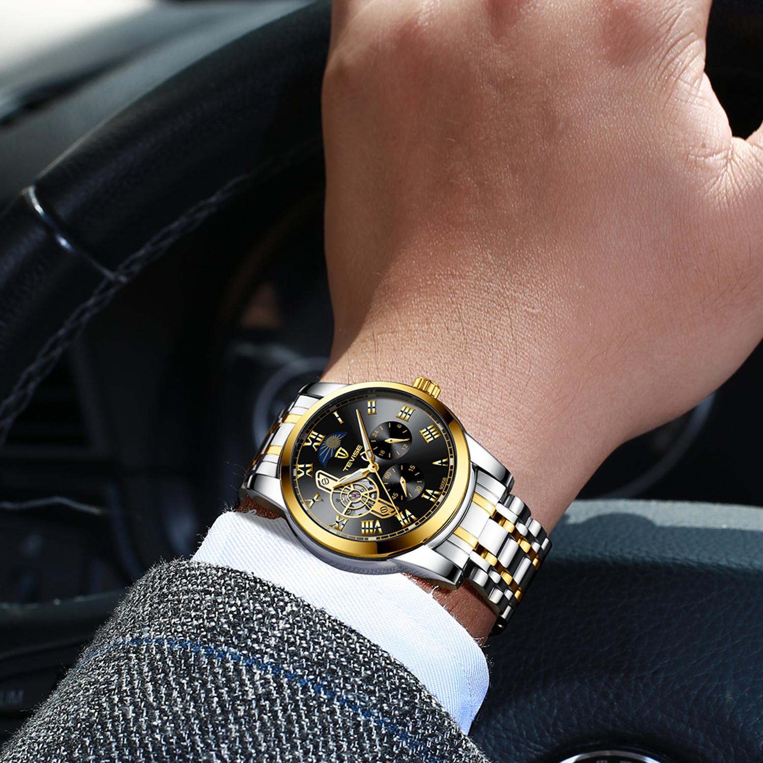 Đồng hồ nam dạ quang Tevise Skeleton/Tourbillon không thấm nước Moon Phase - Vàng & Đen