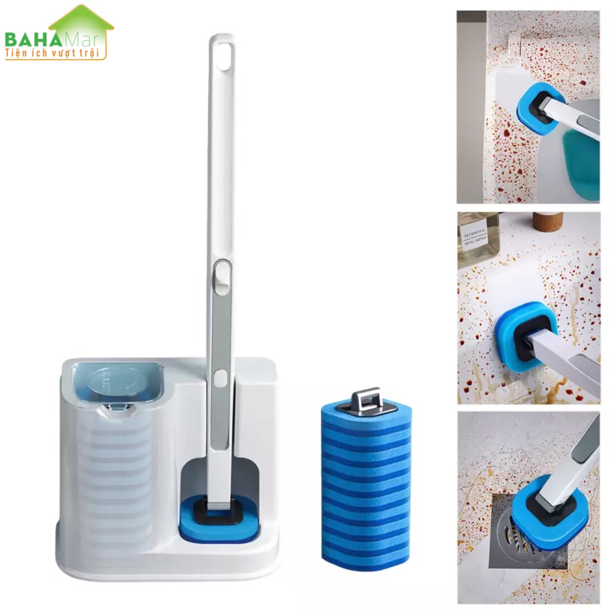 BỘ DỤNG CỤ LÀM VỆ SINH NHÀ TẮM CÓ ĐẦU THAY THẾ DÙNG MỘT LẦN "BAHAMAR" thiết kế đầu bàn chải có dung dịch dùng 1 lần làm sạch sạch sẽ và tiện lợi loại bỏ mùi hôi và diệt khuẩn.