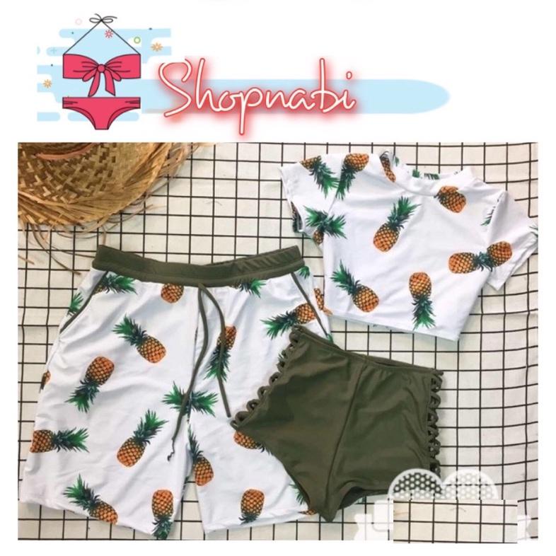 Đồ bơi cặp đi biển trái dứa- Bikini đôi nam nữ áo tay ngắn- shopnabi