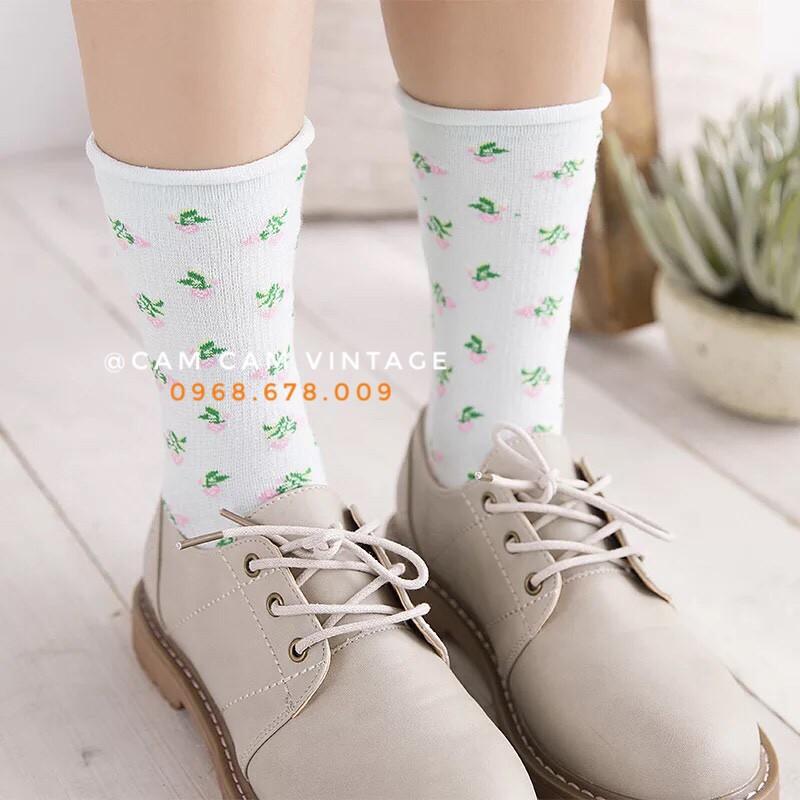 TẤT CAM CỔ NỮ VỚ ULZZANG UNISEX HOA VĂN HỌA TIẾT HOA NHÍ CHERRY