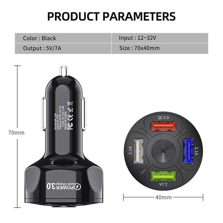 Cốc sạc ô tô, Tẩu sạc nhanh điện thoại tự ngắt thông minh Qualcom 3.0 4 cổng USB 12v-24v mẫu mới cho các xe