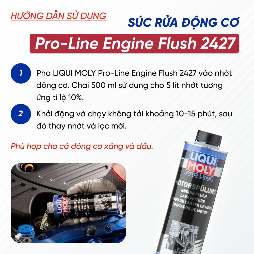 Dung Dịch Súc Rửa Động Cơ Liqui Moly Pro-Line Engine Flush 2427 500ML | Dung Dịch Súc Rửa Động Cơ Mang Lại Hiểu Quả Làm Sạch Sâu Bên Trong Động Cơ, Giúp Xe Tiết Kiệm Xăng, Êm Ái Hơn Khi Sử Dụng