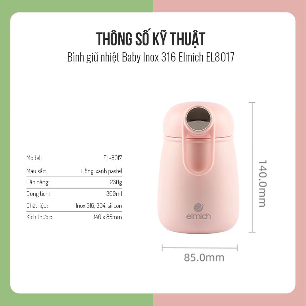 Bình đựng thức ăn giữ nhiệt Elmich EL8017 300ml, EL8018 400ml, EL8019 600ml, Hàng chính hãng, ủ cháo, Inox 316 - JoyMall