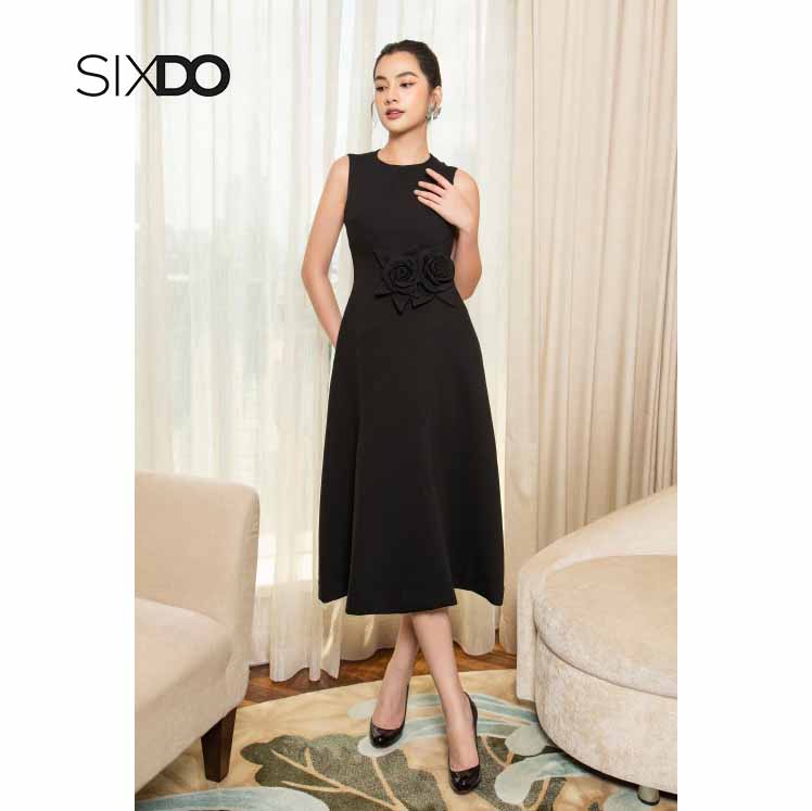 Đầm sát nách dáng xòe phối hoa eo sang trọng SIXDO