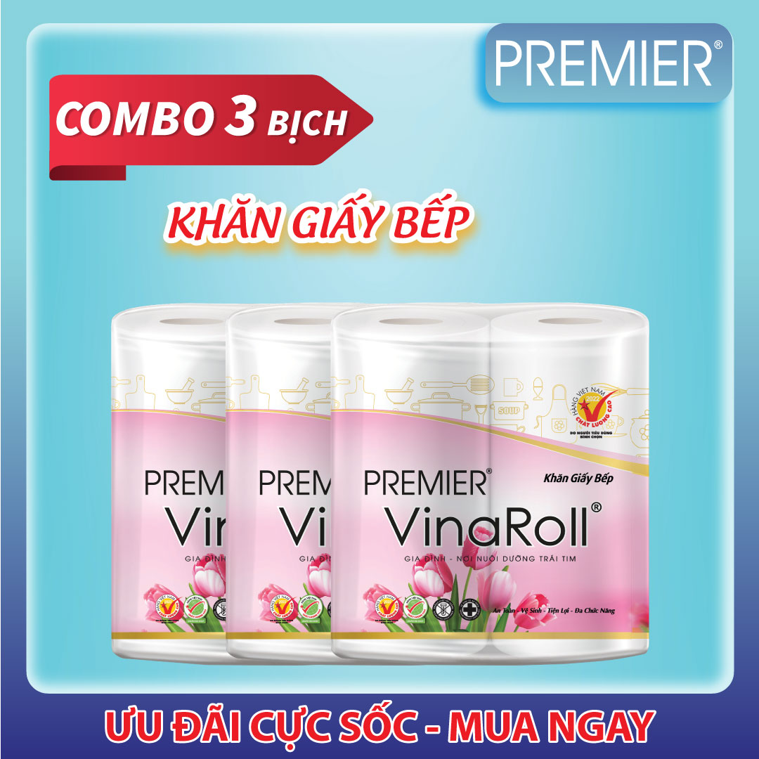 Khăn giấy bếp đa năng Premier VinaRoll có lõi, 2 lớp 100% bột giấy nguyên sinh, không chất tẩy lốc 2 cuộn