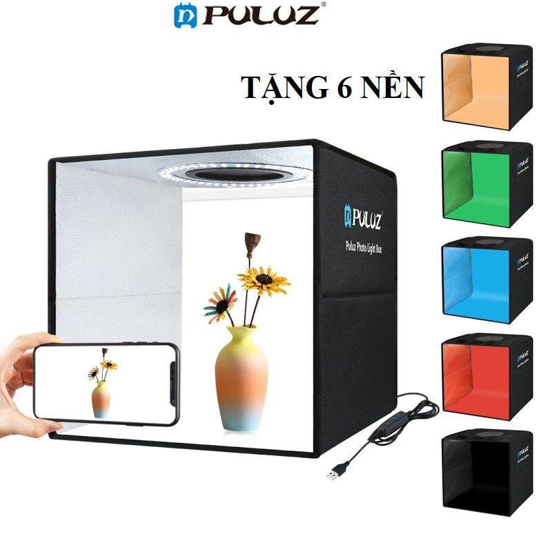 Hộp chụp sản phẩm Puluz 30cm x 30cm x 30cm VỎ ĐEN 6 màu nền có kèm đèn led điều chỉnh remote