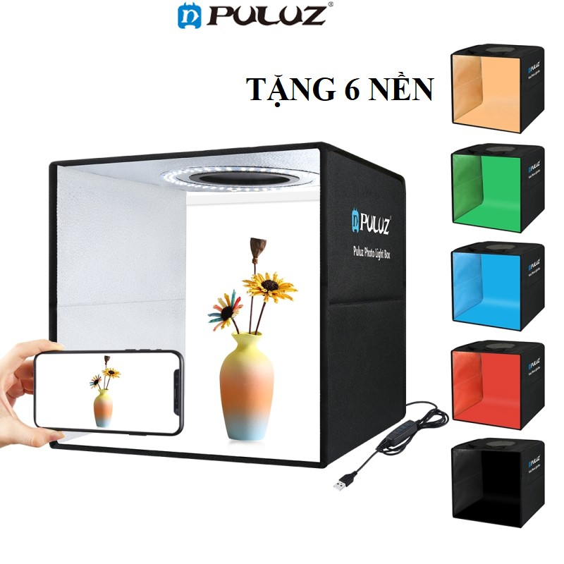 Hộp chụp sản phẩm Puluz  30cm x 30cm x 30cm VỎ ĐEN 6 màu nền có kèm đèn led điều chỉnh remote