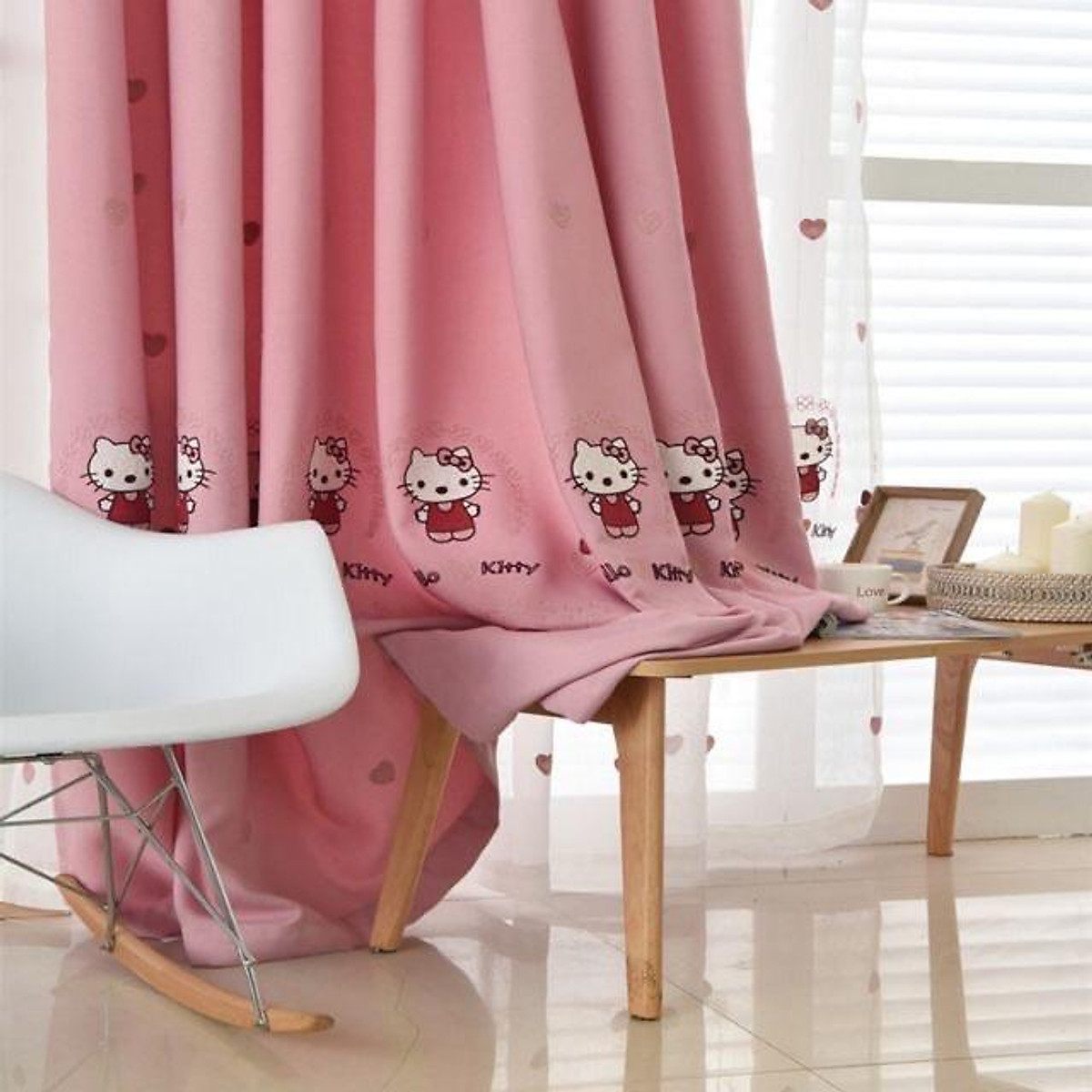 Rèm Thêu Kitty xinh xắn, rèm cửa màu hồng trang trí phòng ngủ trẻ em - Cao cố định 2.0m