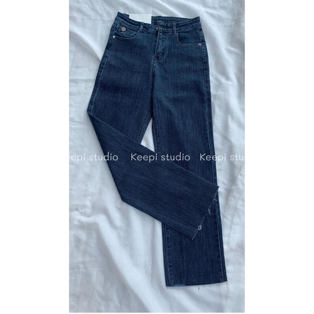 Quần Ống Đứng Cắt Gấu Xanh Đậm KEEPI Quần Jeans Nữ Lưng Cao