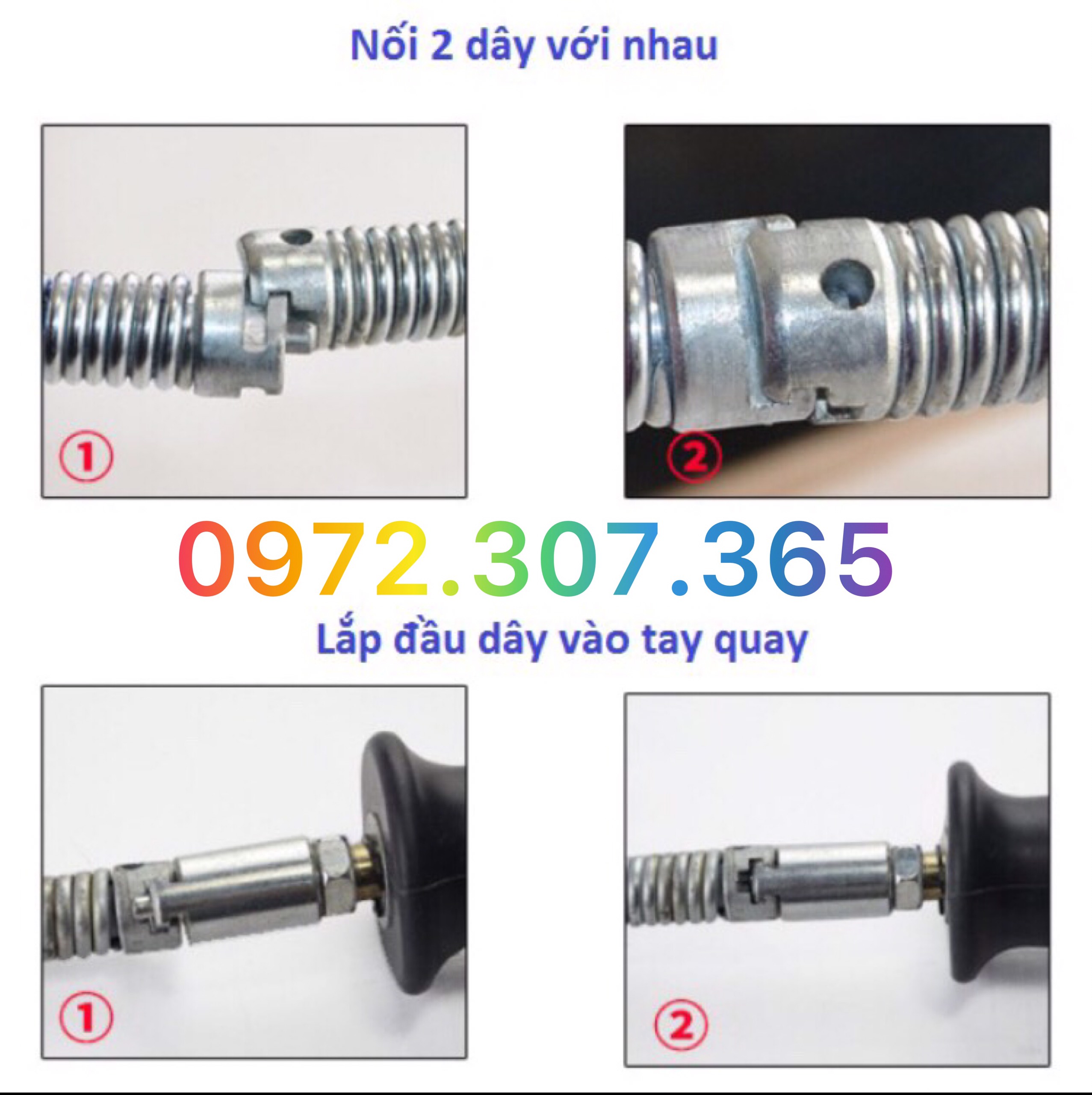 Dây thông tắc cống, đường ống đường kính 16mm dùng tay quay dài 3m gồm 6 đầu thông và 1 tay quay