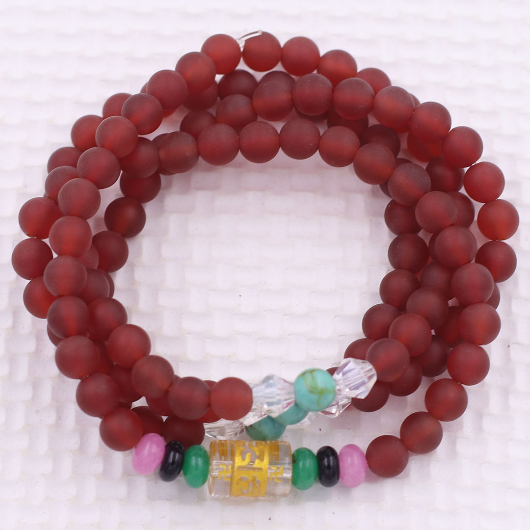 Bộ Vòng Chuỗi, Tràng Hạt 108 Hạt 6 Ly Đá Thạch Anh Đỏ Mờ Charm Lục Tự Chân Ngôn - Tràng Chuỗi Niệm Phật - An Yên - Thịnh Vượng - May Mắn - Tài Lộc