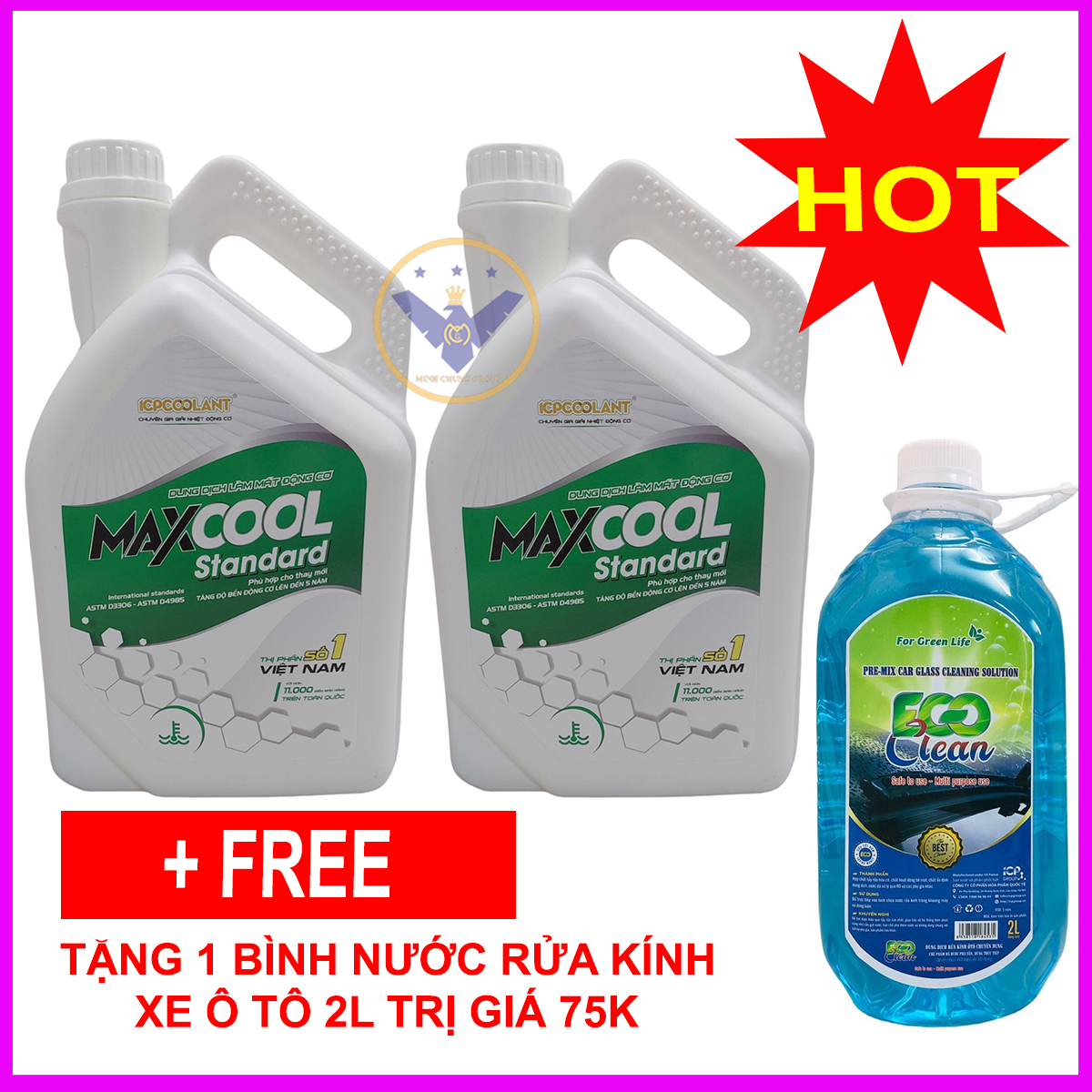 COMBO 2 can nước làm mát xe ô tô màu xanh Maxcool 4L tặng nước rửa kính 2L