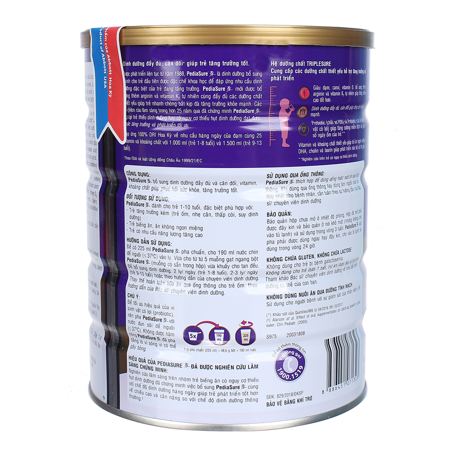 Sữa bột Abbott Pediasure 850g cho trẻ từ 1 - 10 tuổi
