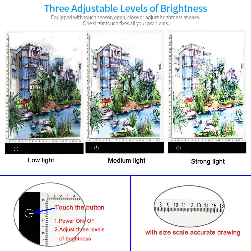 Bảng sao chép LED A4 di động điều khiển ánh sáng USB với sáu vạch thang đo độ sáng có thể điều chỉnh
