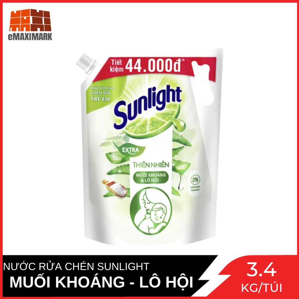 Túi Khổng Lồ Nước rửa chén Sunlight Thiên Nhiên Muối Khoáng và Lô Hội Túi 3.4 Kg