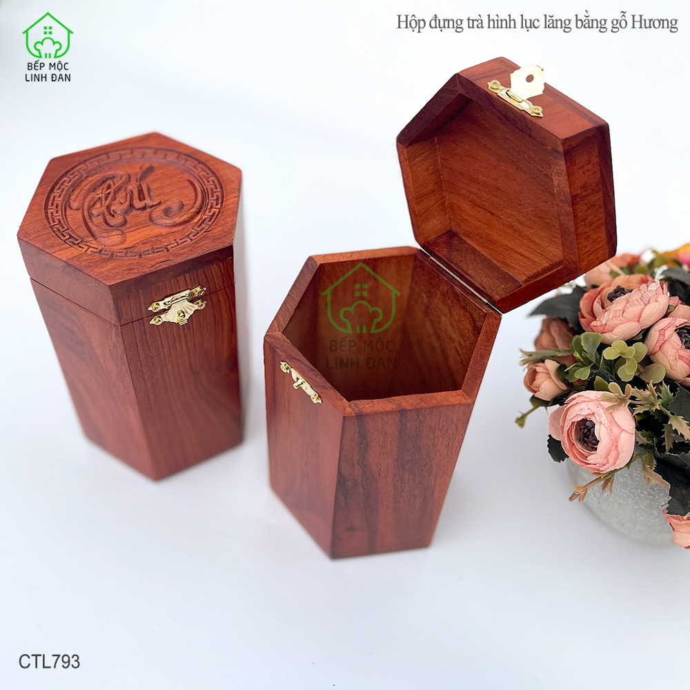 Hộp Đựng Chè Bằng Gỗ Hương HAHANCO Chạm Khắc Nổi Chữ Phúc
