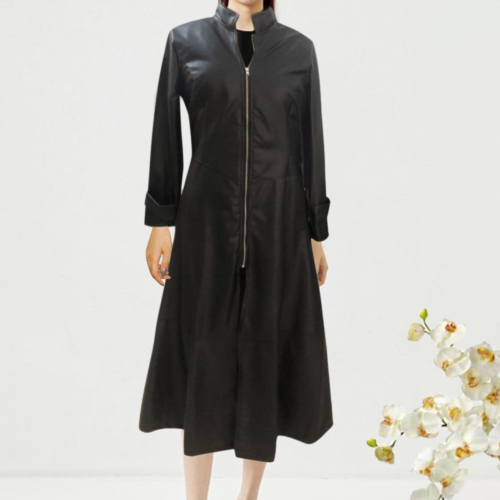 Long coat dress jacket women winter pu leather S Black