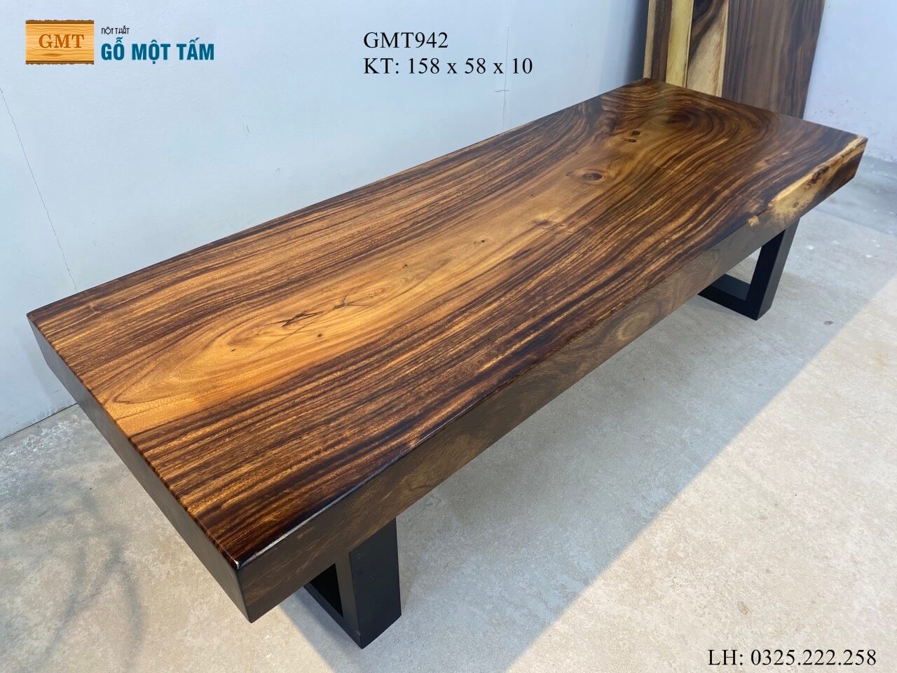 Bàn Gỗ Me Tây Nguyên Tấm, Bàn Sofa Gỗ Me Tây, Bàn Cafe Gỗ Me Tây Dài 1,58m Rộng 58cm Dày 10cm