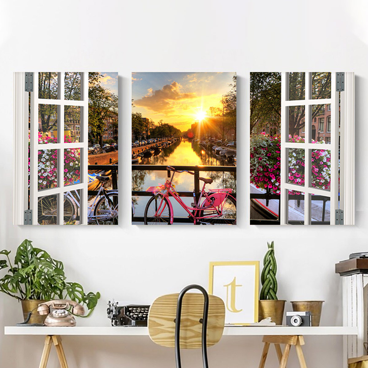 Bộ tranh Canvas 3 tấm Hình Chữ Nhật kích thước 40x60cm , In Họa Tiết Thiên Nhiên Qua Khung Cửa Sổ -Mẫu CSON274