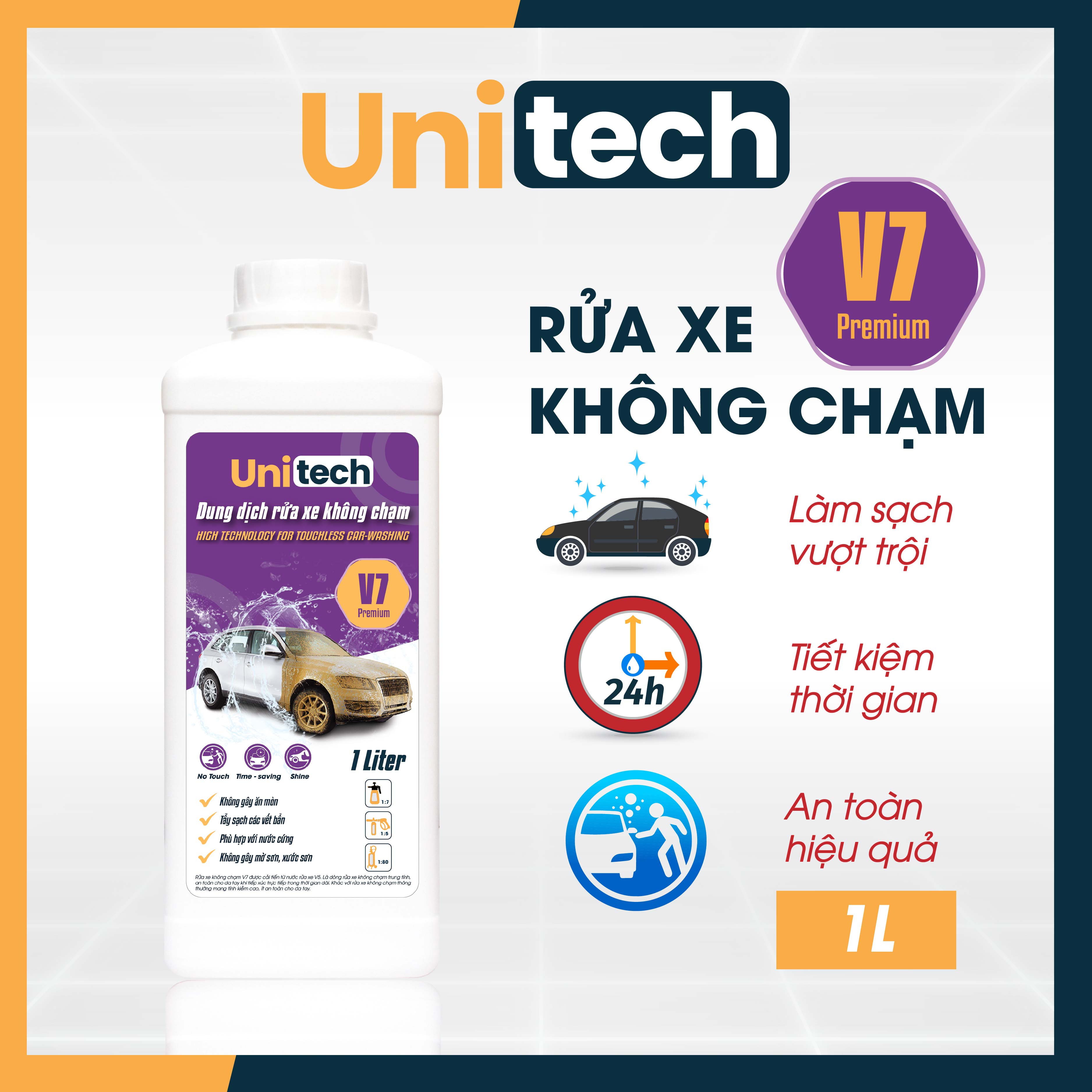 Nước rửa xe không chạm Unitech V7 (1 lít) | Xà phòng rửa xe ô tô, xe máy siêu sạch,  bảo vệ màu sơn xe