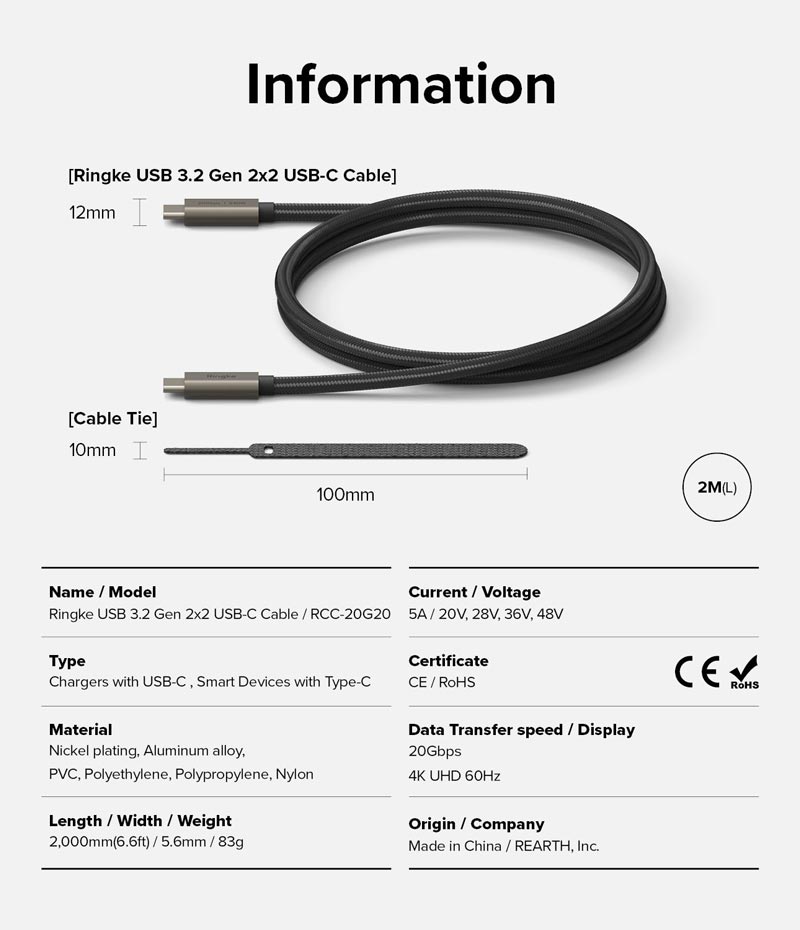 Cáp sạc nhanh 240W cho điện thoại/laptop/tablet RINGKE USB-3.2 Gen 2X2 USB-C Cable - Hàng Chính Hãng