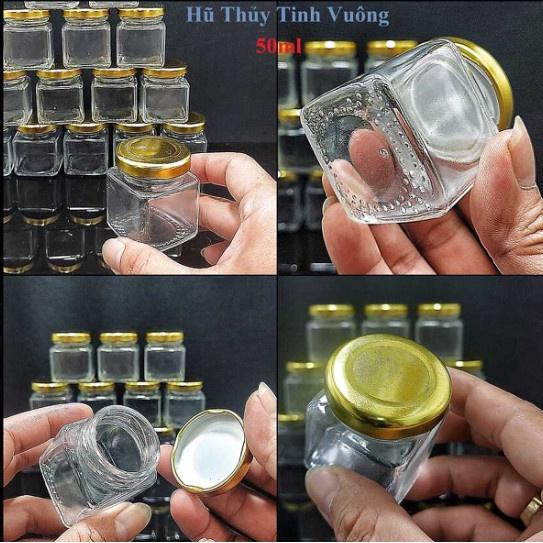 Hũ Thủy Tinh Vuông 50ML mẫu Vuông nắp thiếc vàng – Lọ Thủy Tinh Nhỏ - Hũ đựng yến chưng, mật ong, dầu dừa