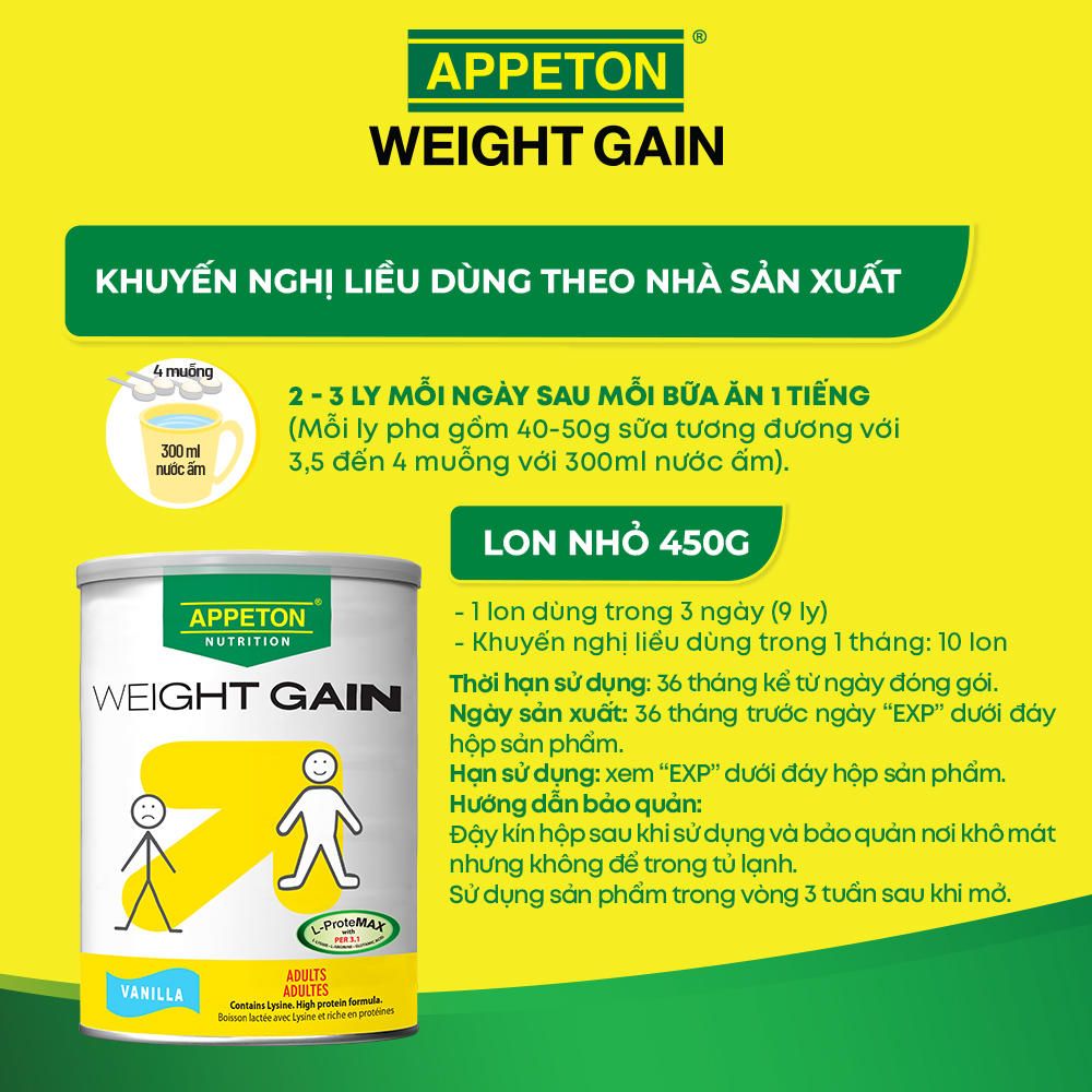  Combo 2 Sữa Tăng Cân Appeton Weight Gain cho Người lớn hương Vanilla lon 450g