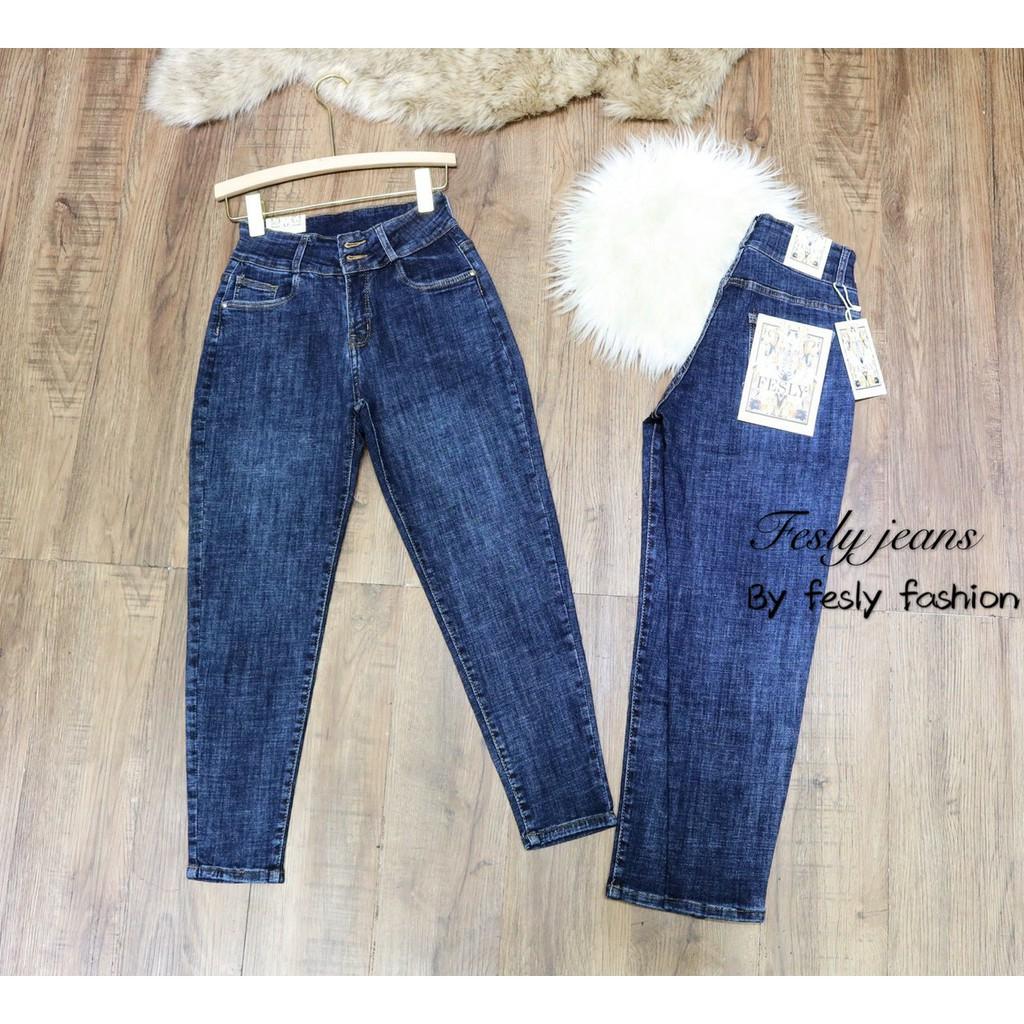 Quần Jeans Nữ Baggy Xanh Hai Khuy Cạp Cao