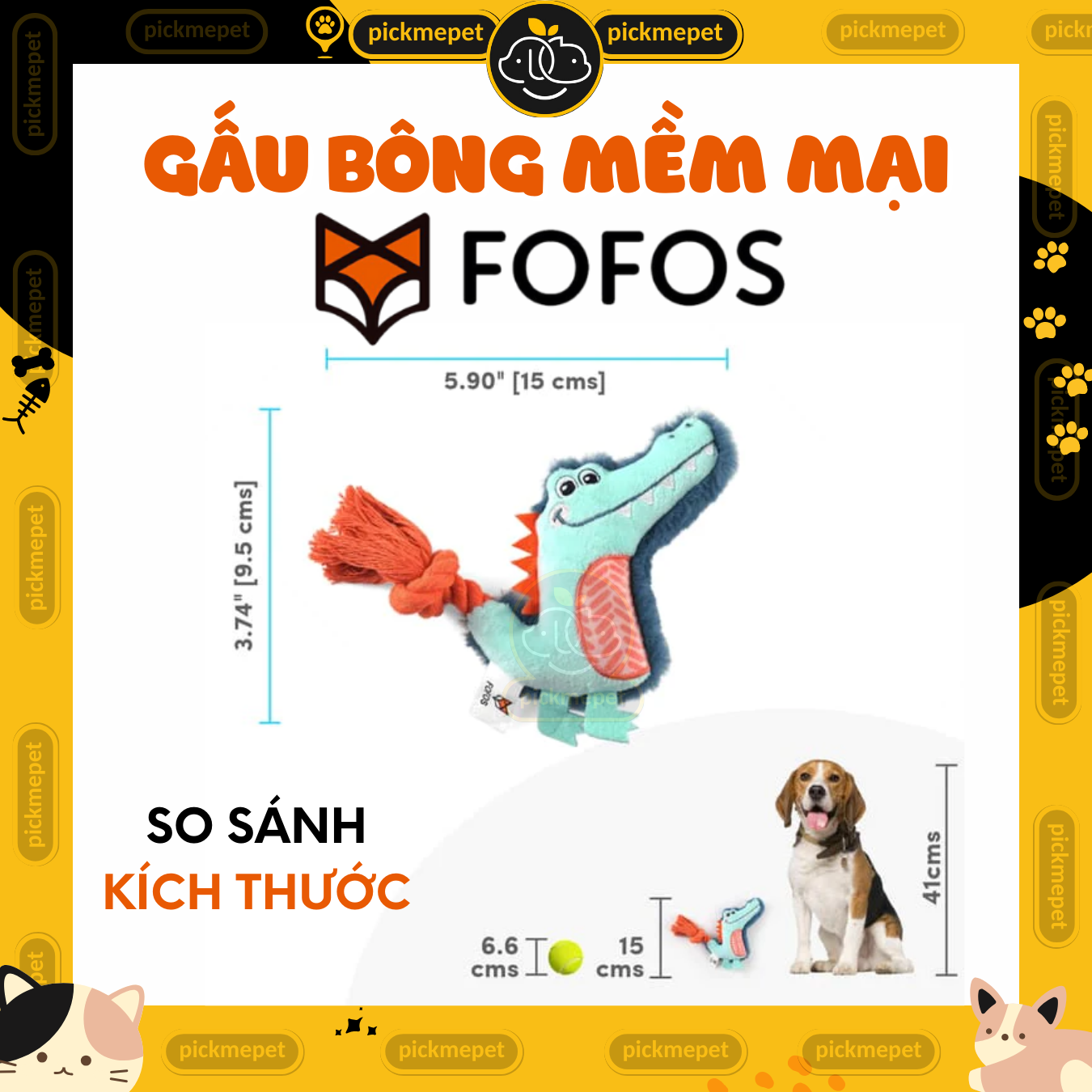 Đồ chơi cho chó FOFOS, Đồ chơi nhai gặm hình cá sấu, Tiếng kêu vui nhộn, Giúp làm sạch răng nướu chó, Vải nhung mềm mại