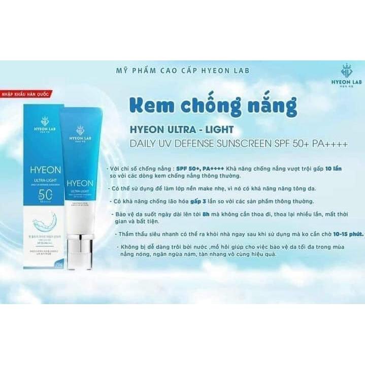 Hyeon Ultra Light Daily UV Defense Sunscreen|Kem Chống Nắng Hyeon Lab|Chỉ số SPF 50+ chống nắng mạnh mẽ, thẩm thấu nhanh