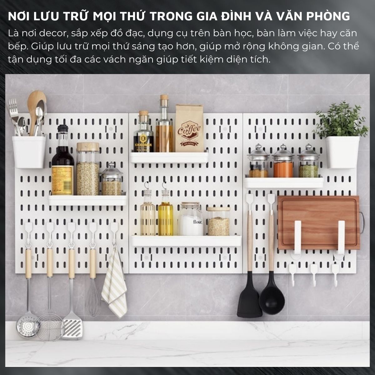 Kệ giá bảng treo tường DandiHome trang trí pegboard để đồ decor bàn học, phòng bếp, nhà tắm, đã kèm đầy đủ phụ kiện, dán tường không cần khoan đục